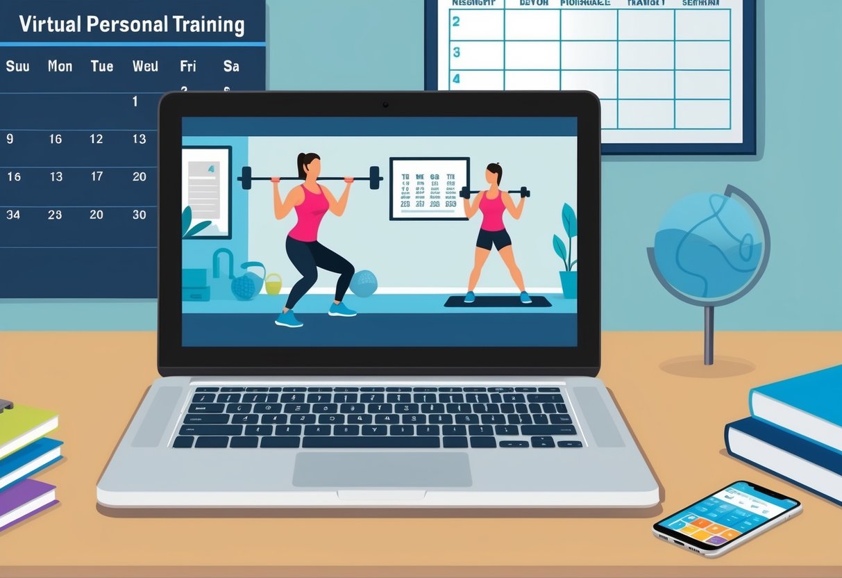 A laptop open on a desk, displaying a virtual personal training session. A calendar with workout schedules on the wall. A smartphone with fitness apps on the table