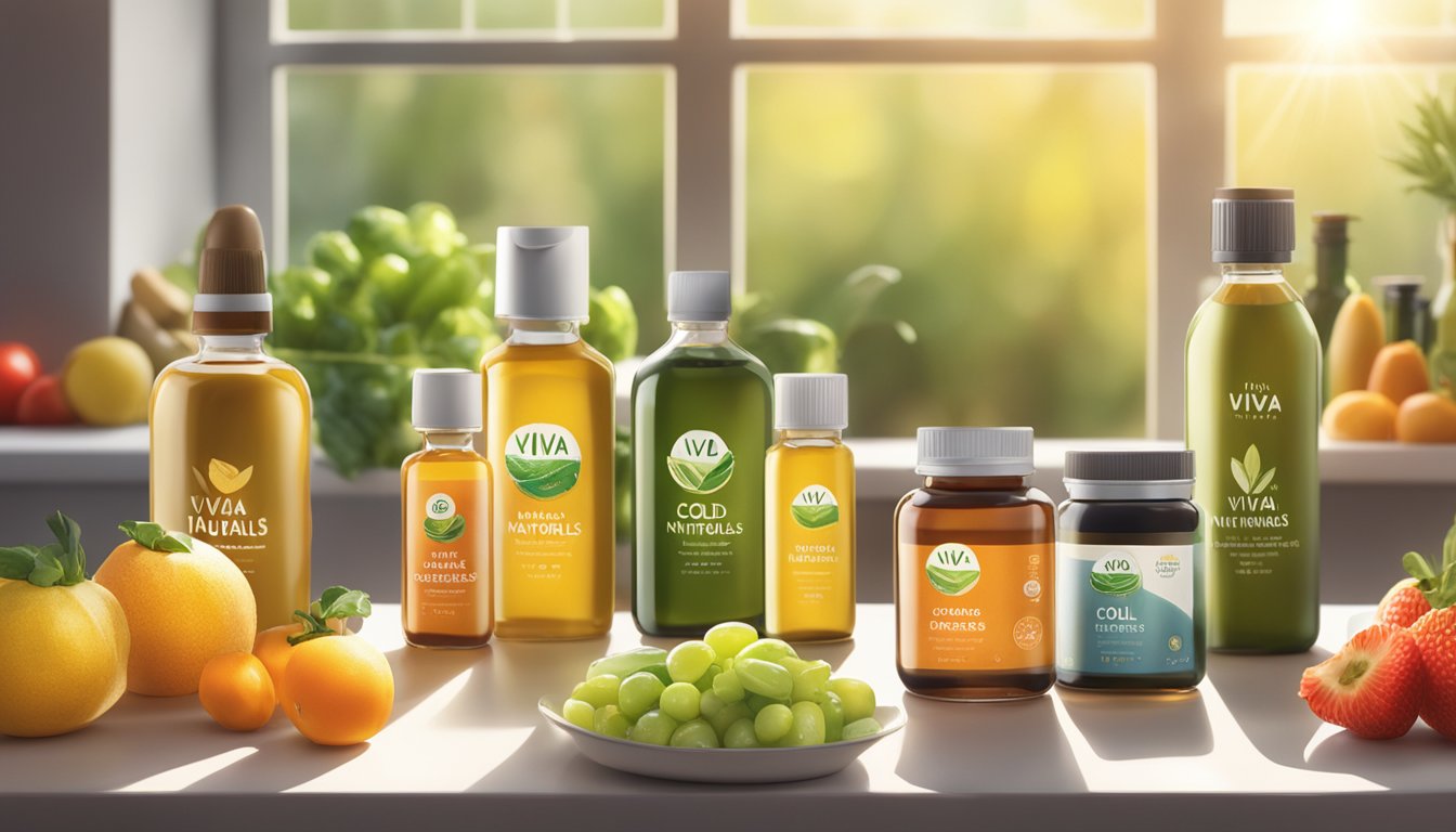 A table with various bottles of Viva Naturals cold-pressed oils, surrounded by fresh fruits and vegetables. Sunlight streams through a nearby window, casting a warm glow on the scene