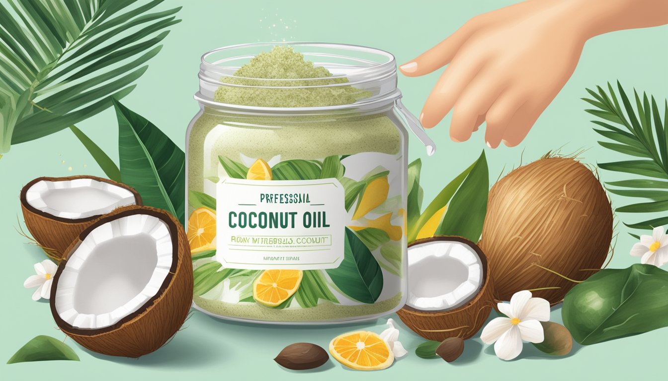 A woman pours viva naturals cold pressed coconut oil into a jar of homemade body scrub, surrounded by various natural ingredients and essential oils