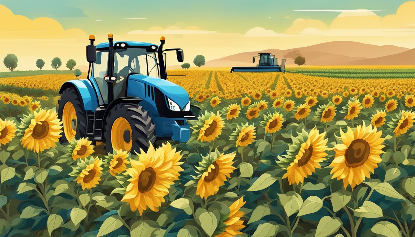 A lush, vibrant field of sunflowers and olives being harvested by workers using eco-friendly methods