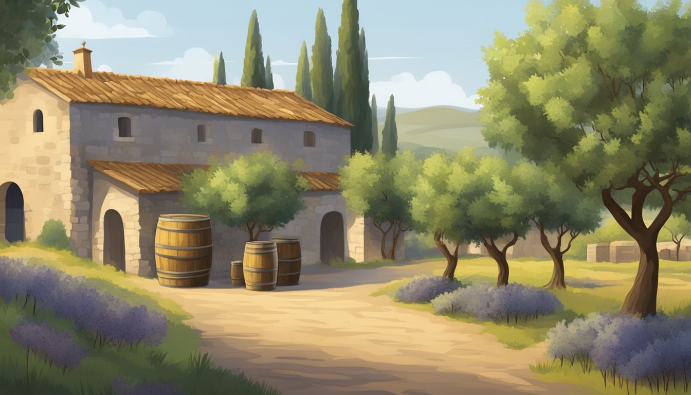 A rustic vineyard with rows of olive trees, a stone mill, and barrels of cold-pressed oils