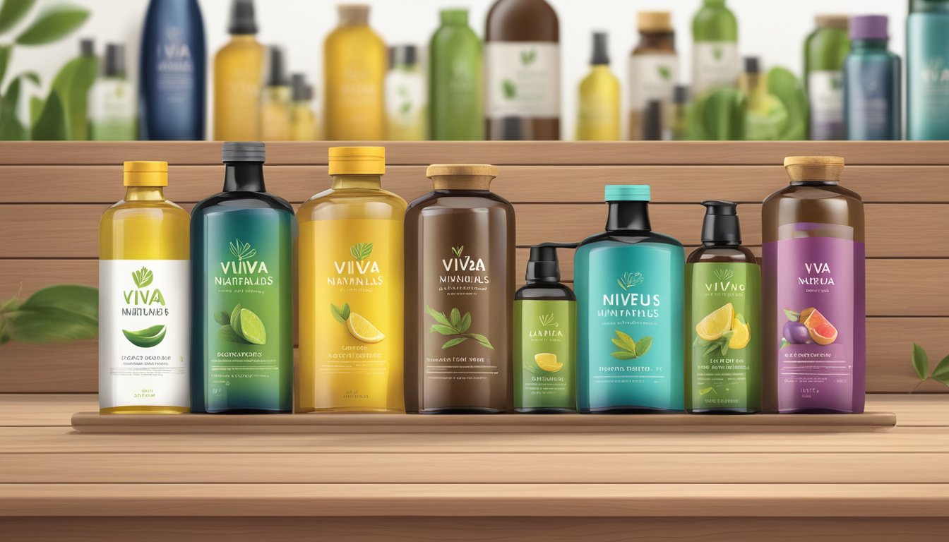 A variety of Viva Naturals cold-pressed oils displayed on a wooden shelf with colorful labels and different sized bottles