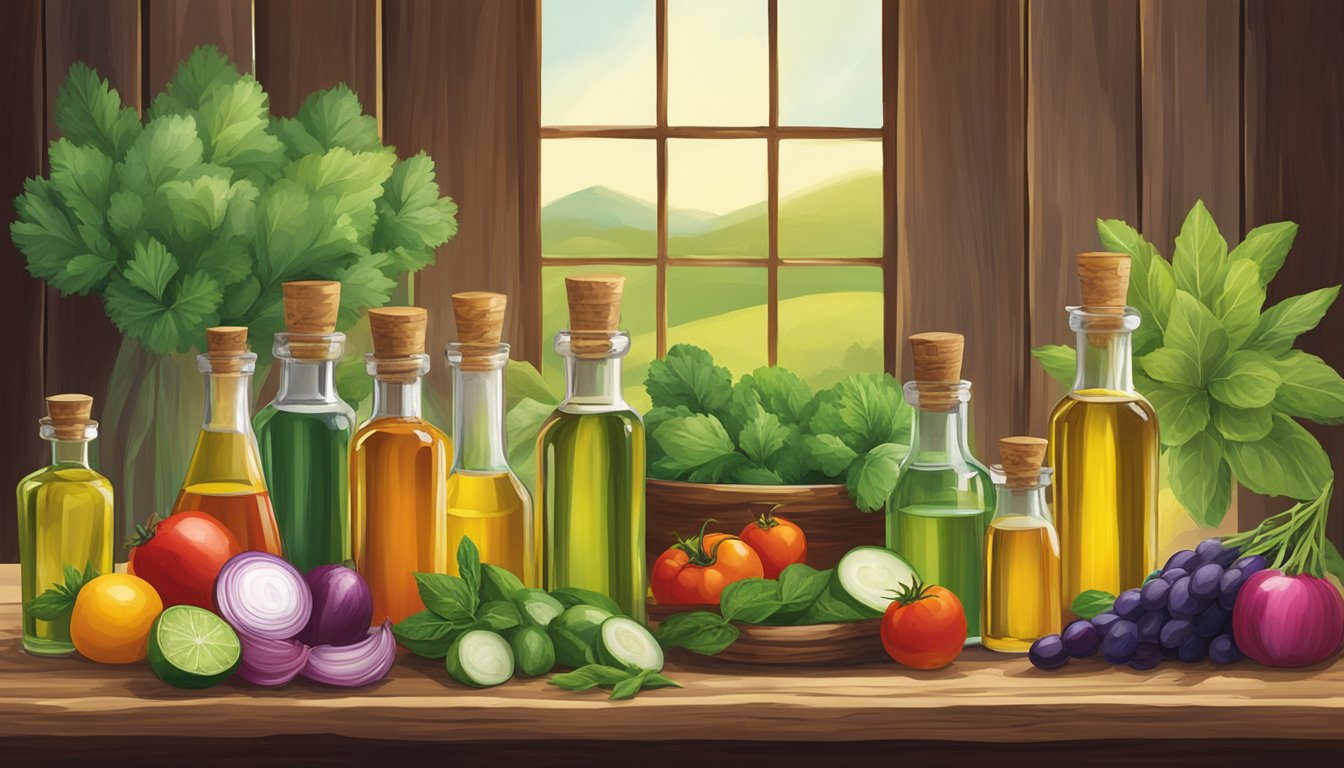 A variety of napa valley naturals cold pressed oils arranged on a rustic wooden table with fresh herbs and colorful vegetables