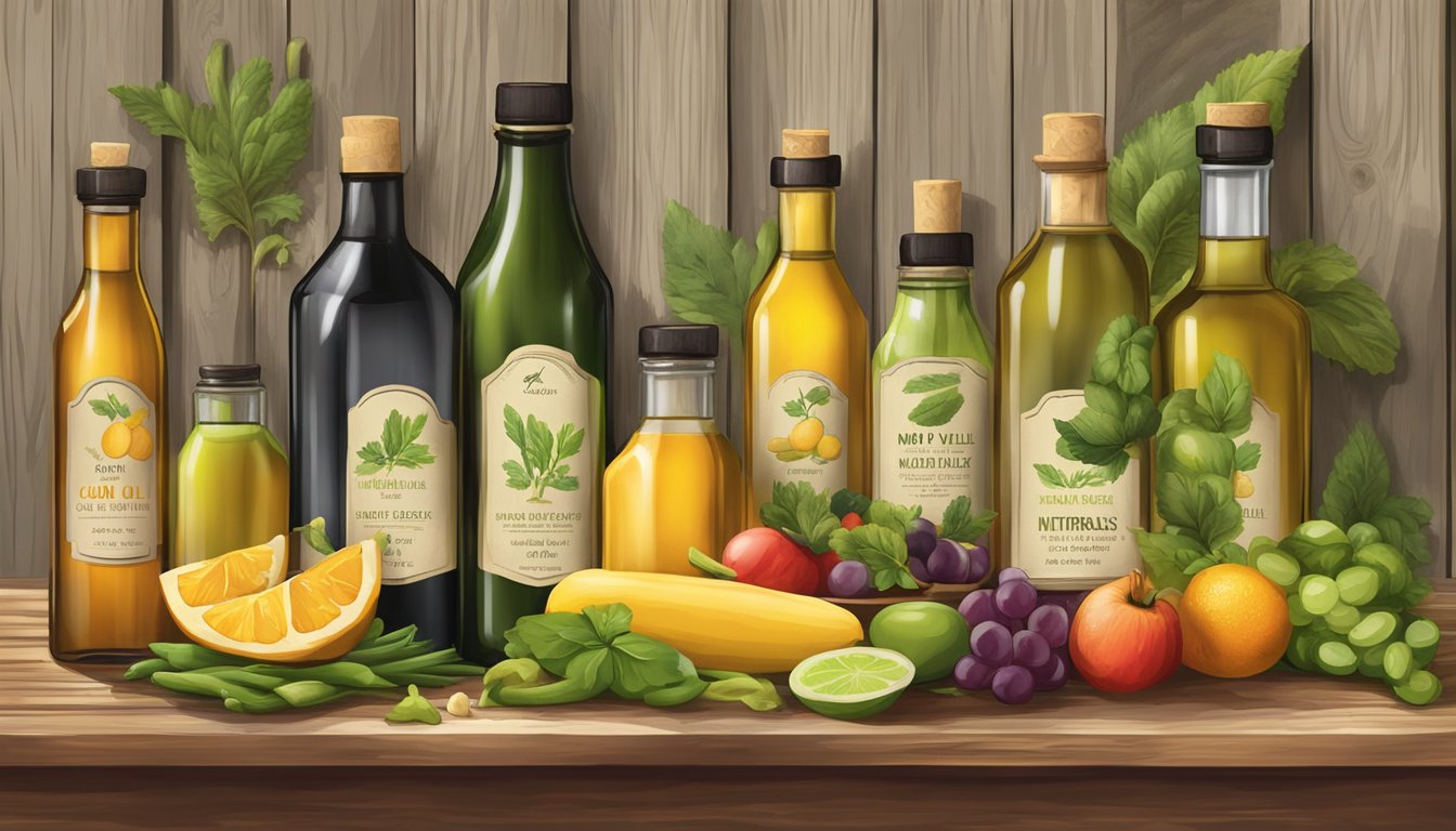 A rustic wooden table with various bottles of Napa Valley Naturals cold pressed oils, surrounded by fresh fruits and vegetables