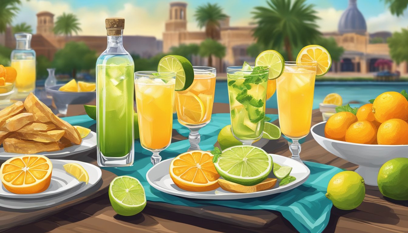 A festive brunch table with colorful tequila cocktails and fresh citrus garnishes, set against a backdrop of a bustling Texas brunch scene