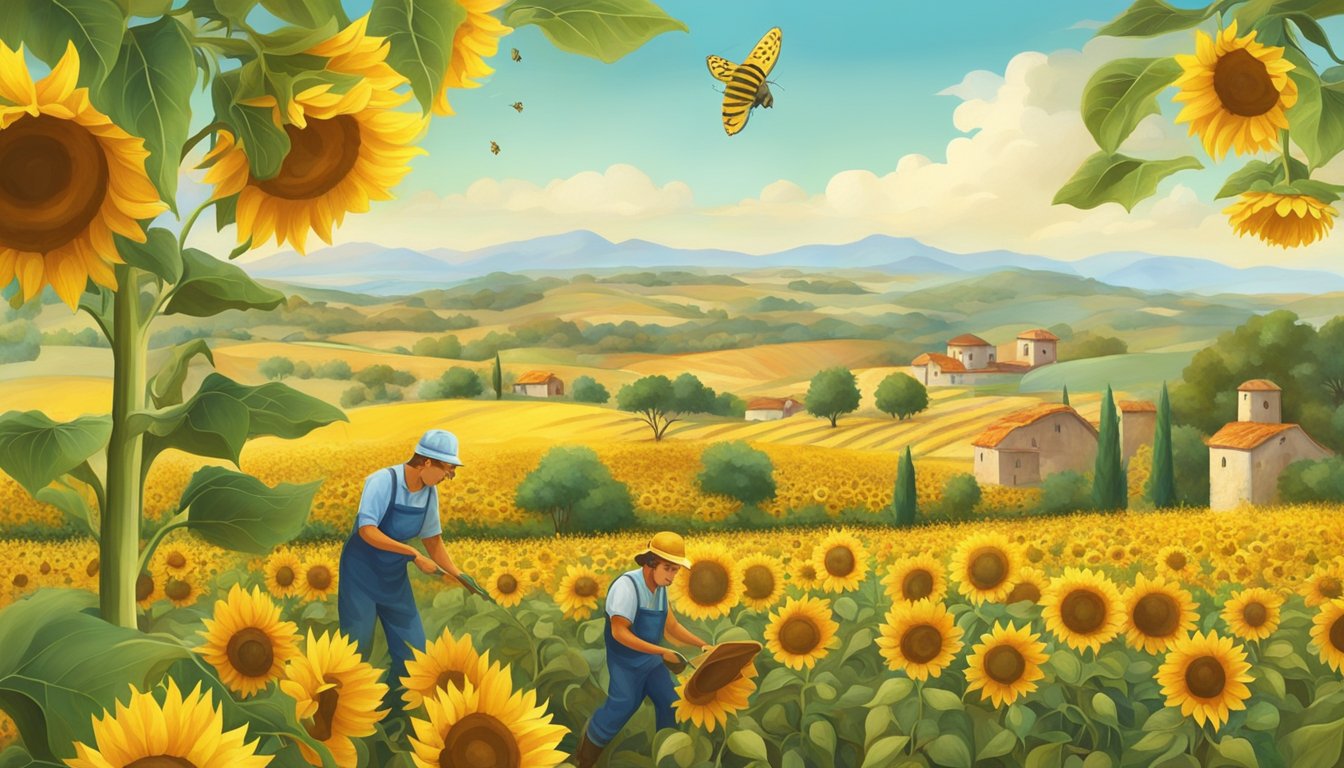 A lush field of sunflowers and olives, with workers carefully extracting oil using traditional cold-press methods. Bees and butterflies flit among the vibrant plants