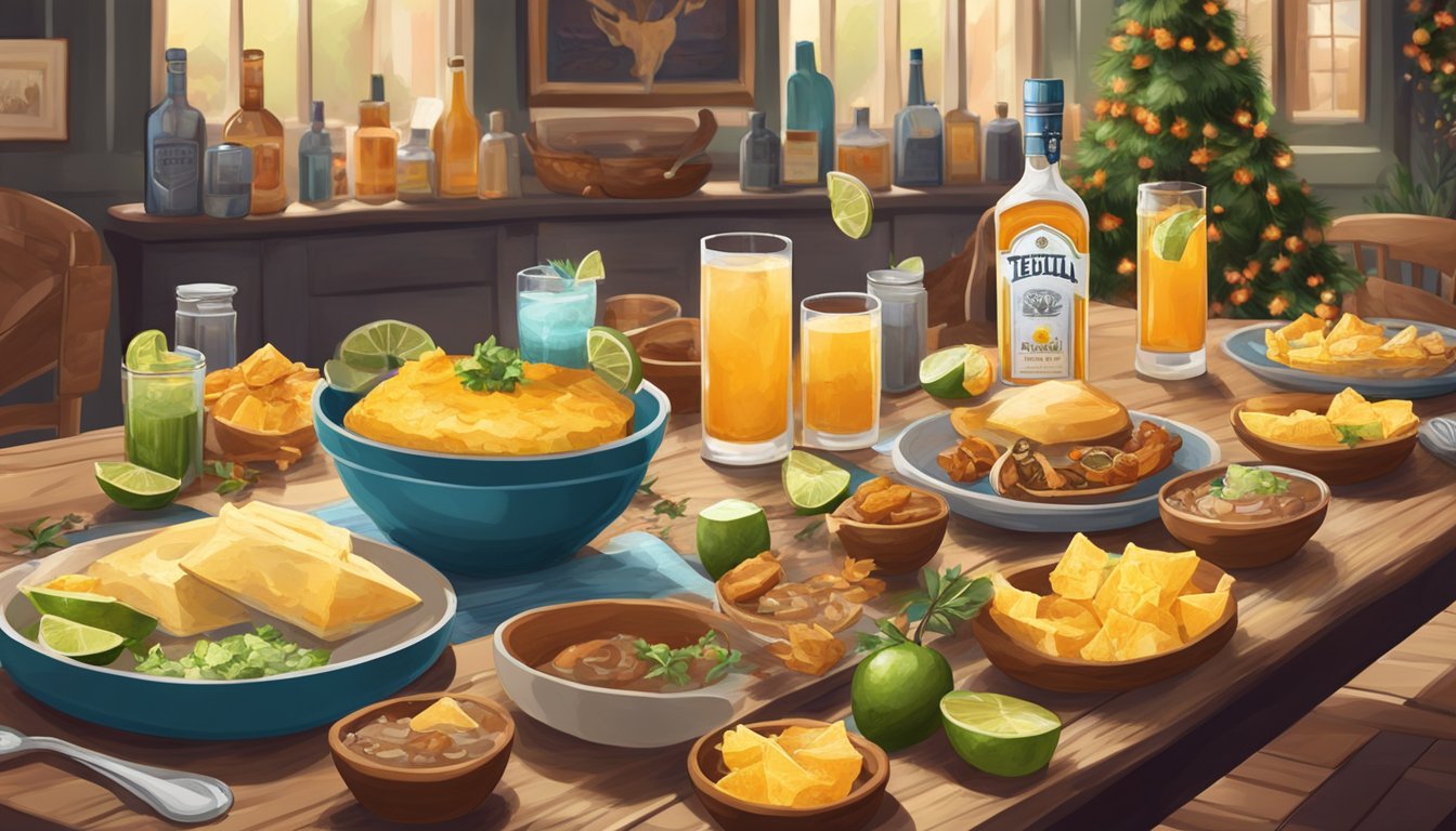 A festive Texan brunch scene with tequila cocktails being served and enjoyed, surrounded by traditional Texan decorations and cultural elements