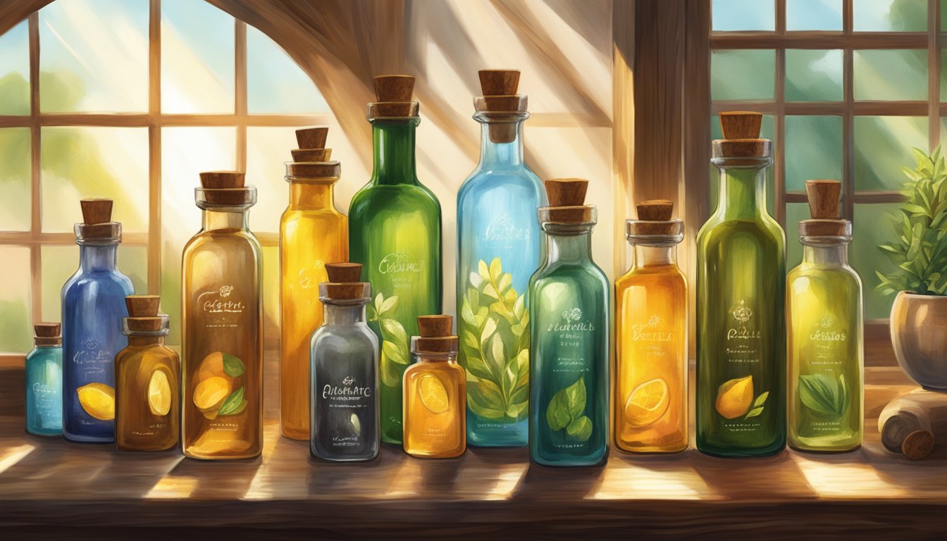 A rustic wooden table displays a variety of glass bottles filled with vibrant, organic cold-pressed oils. Sunlight streams in through a nearby window, casting a warm glow on the bottles