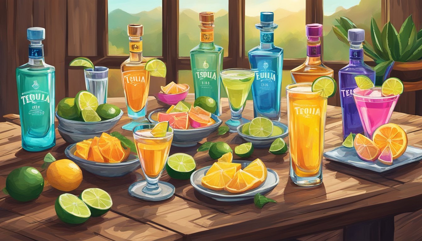 A colorful array of tequila bottles and cocktail glasses arranged on a rustic table, surrounded by vibrant Texas brunch decor