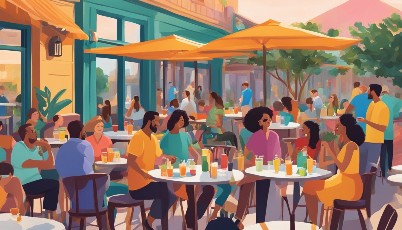 A bustling Texas brunch spot with a vibrant atmosphere, featuring people enjoying tequila cocktails and socializing. Tables are adorned with colorful drinks and the air is filled with laughter and conversation