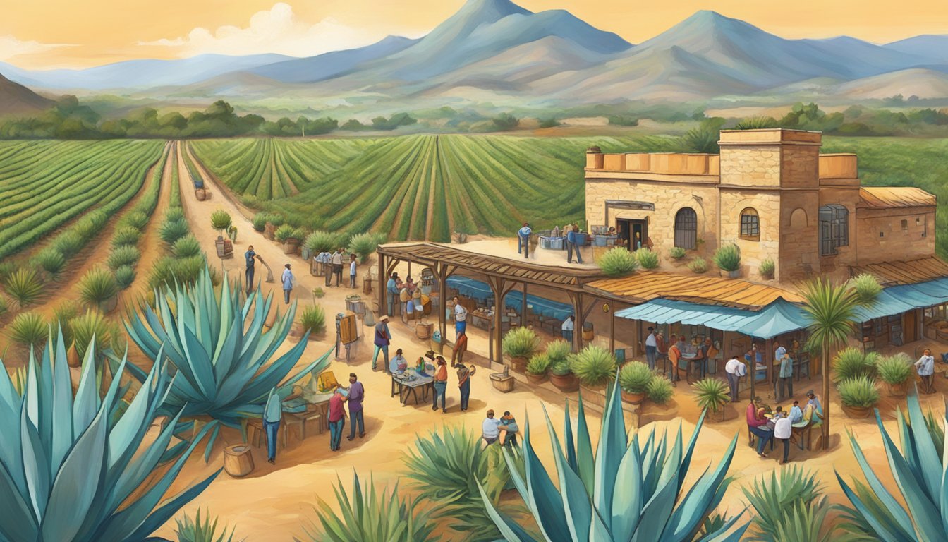 A bustling Texas brunch scene with vibrant agave fields and a tequila distillery in the background, showcasing the economic impact of tequila and agave cultivation on the local community