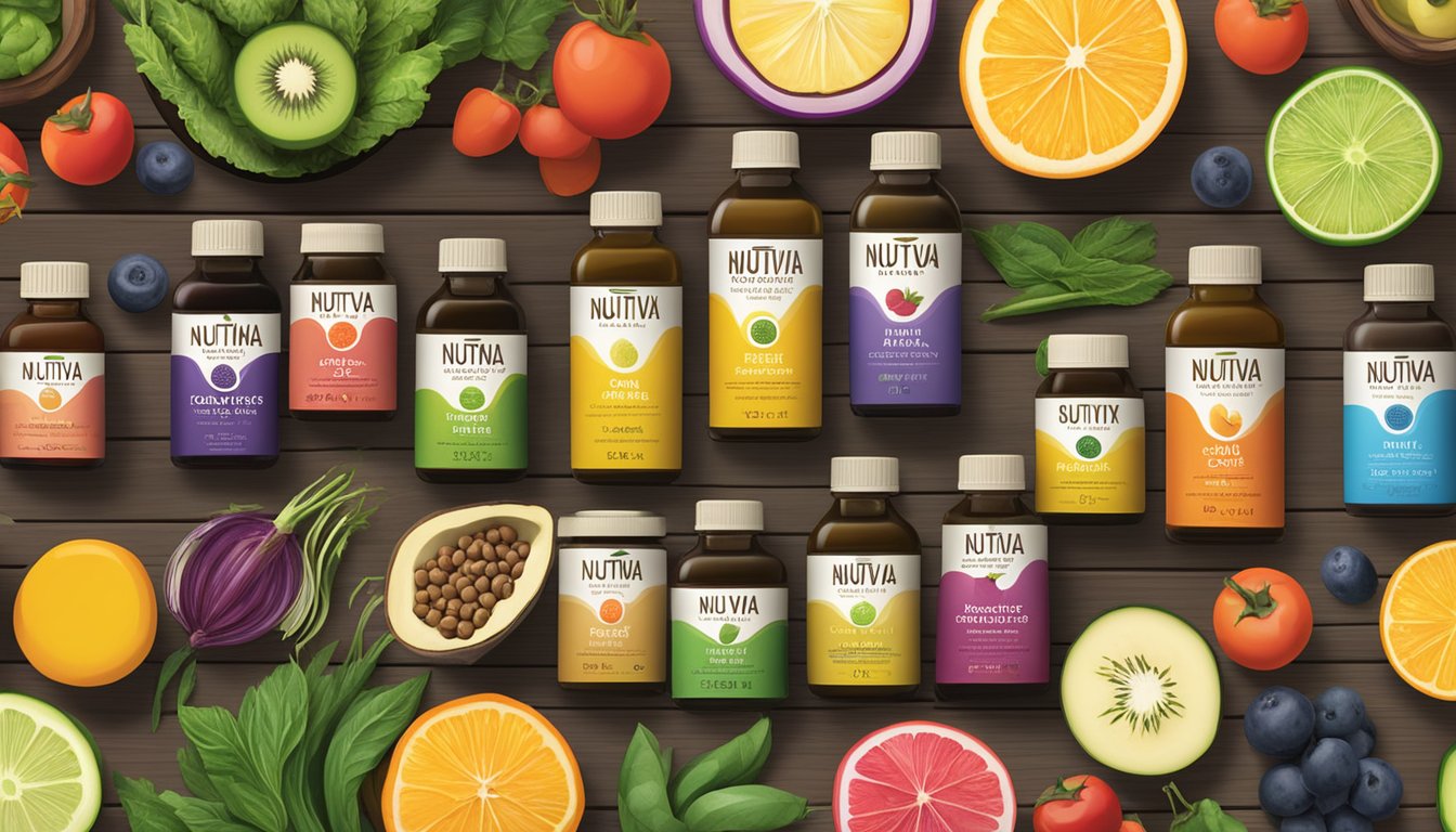 A variety of Nutiva cold pressed oils arranged on a wooden table with fresh fruits and vegetables in the background