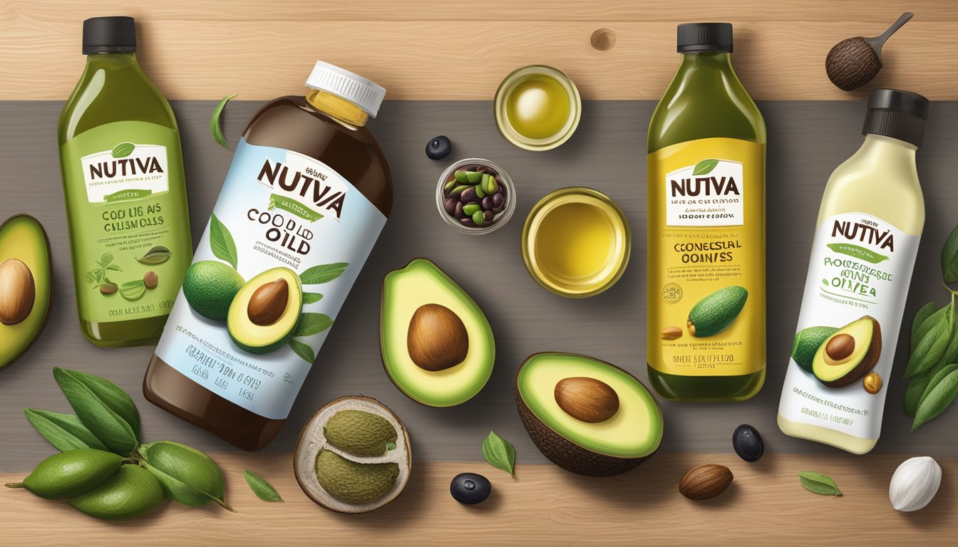 A variety of Nutiva cold-pressed oils arranged on a wooden table, surrounded by fresh ingredients like avocados, coconuts, and olives