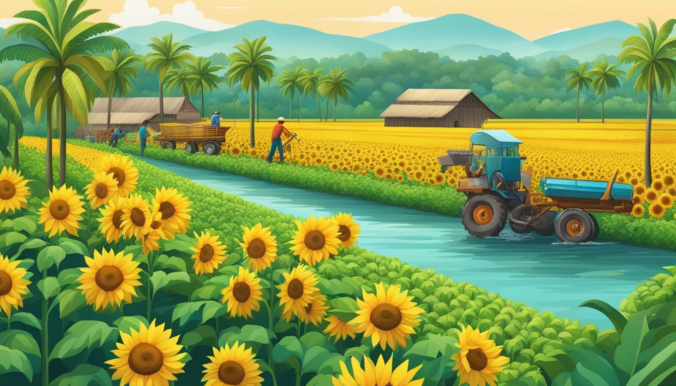 A lush, vibrant farm with fields of sunflowers and coconut palms, surrounded by clean waterways and workers tending to the crops