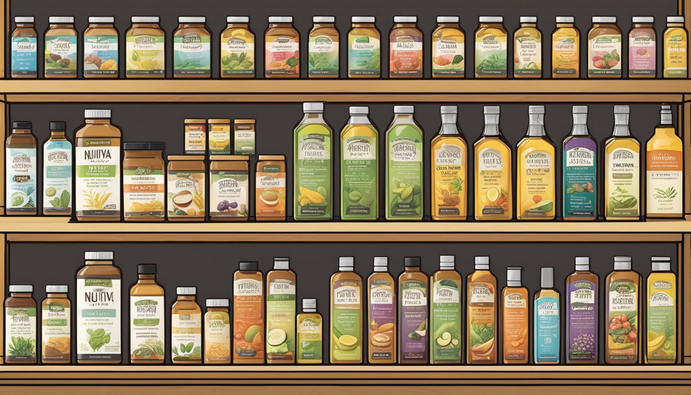 A well-organized pantry shelf displays a variety of Nutiva cold-pressed oils, neatly arranged with their labels facing forward