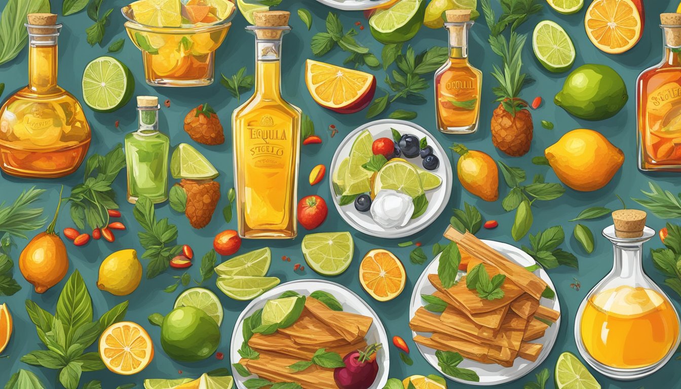 A table set with a variety of tequila bottles, accompanied by plates of sweet and spicy foods, surrounded by vibrant fruits and herbs