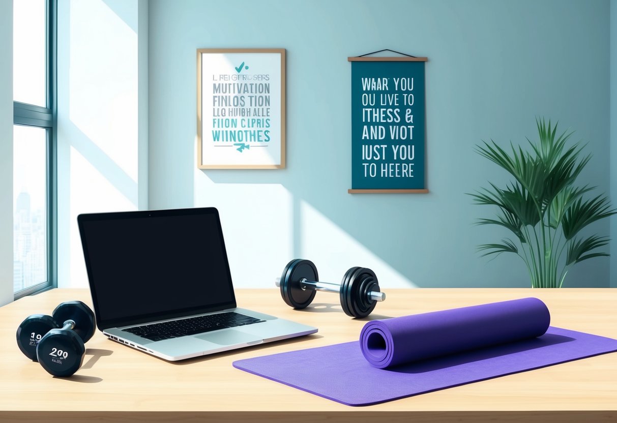 A laptop, a set of dumbbells, and a yoga mat arranged in a well-lit room with a motivational poster on the wall