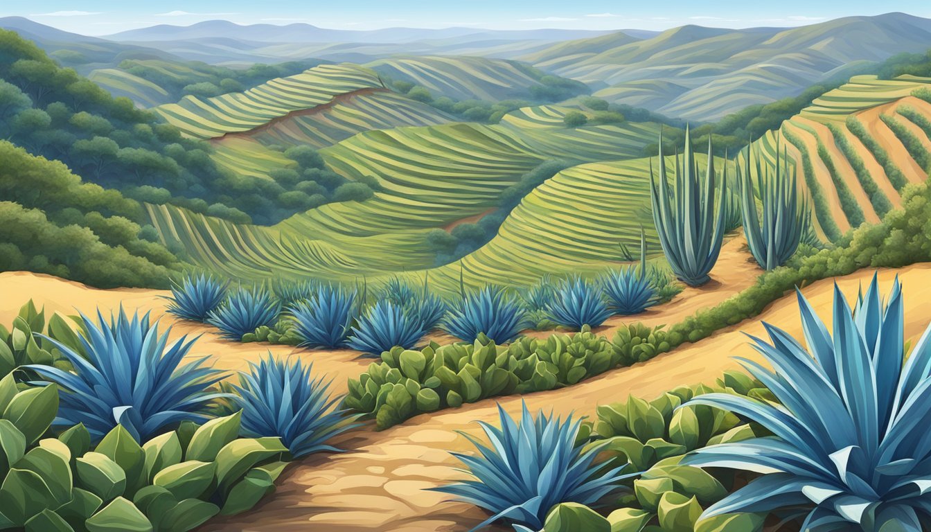 A landscape of blue agave plants stretching across the hilly terrain, with a winding trail leading through the fields