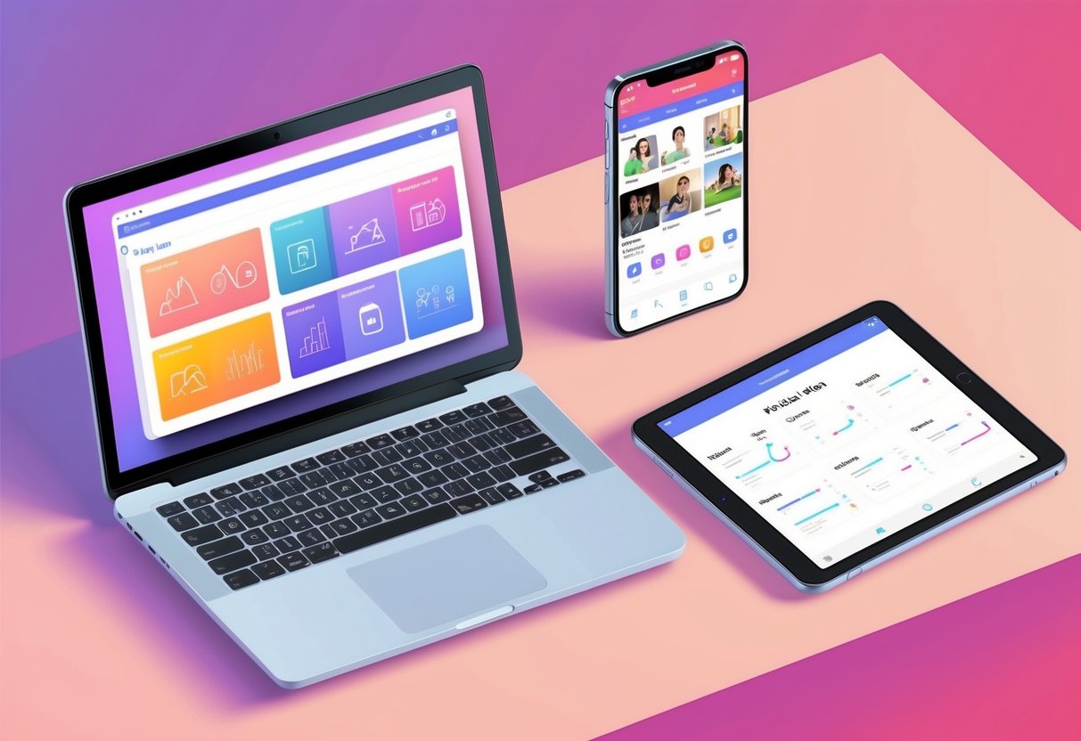 A laptop with a fitness app open, a smartphone displaying social media, and a tablet with a personalized workout plan