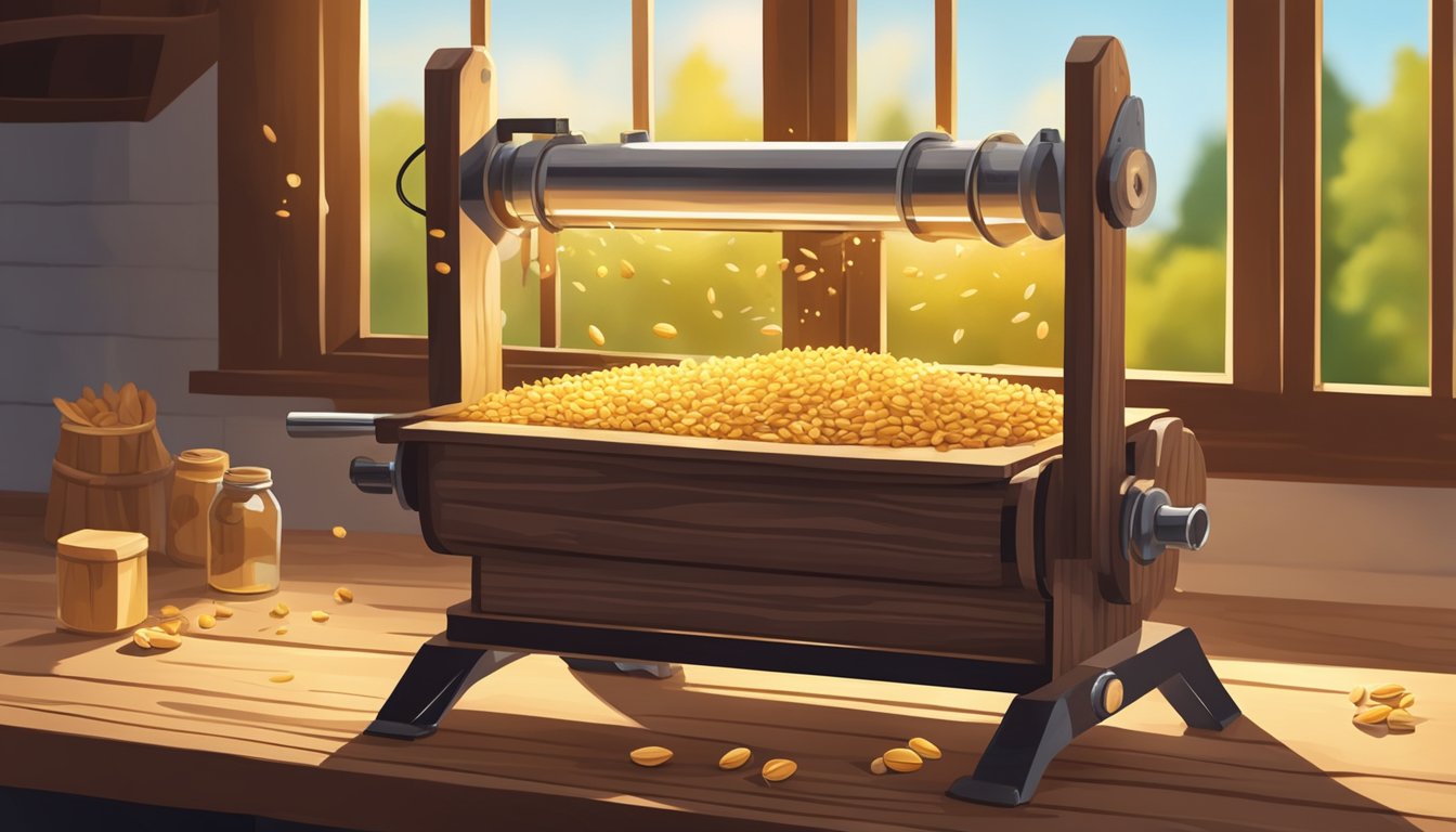 A rustic wooden press extracting oil from fresh seeds and nuts. Sunlight filters through the window, casting a warm glow on the process