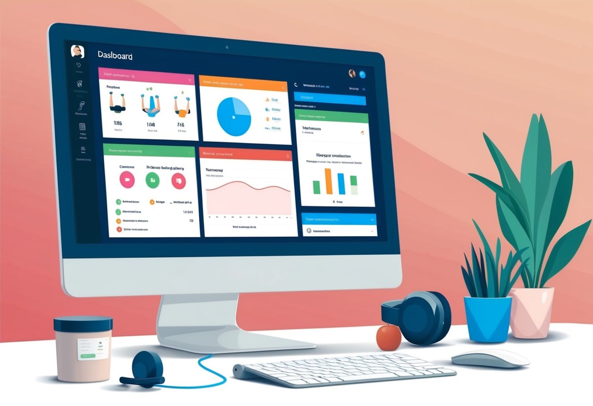 A computer screen displaying a dashboard with workout plans, progress tracking, and client communication tools