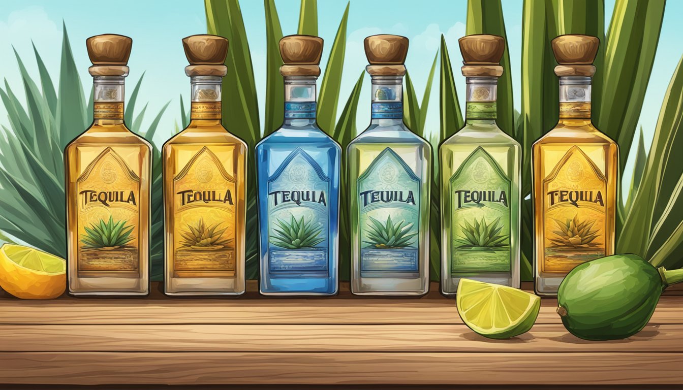 A row of tequila bottles on a rustic wooden bar, surrounded by agave plants and colorful Mexican tiles