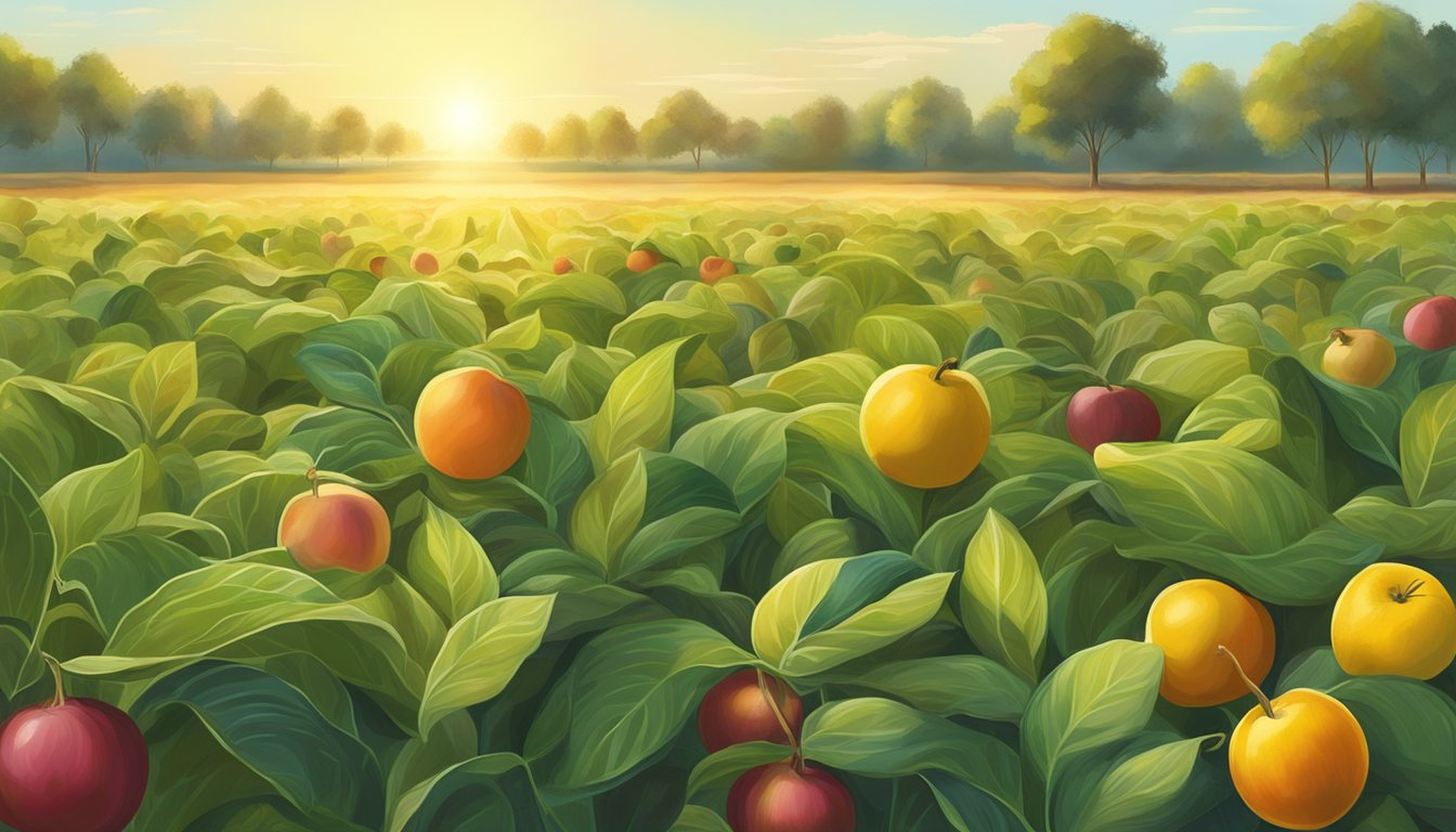 A serene field of vibrant, organic plants with the sun casting a warm glow on the ripe fruits, ready to be cold-pressed into pure oils by Pranarom