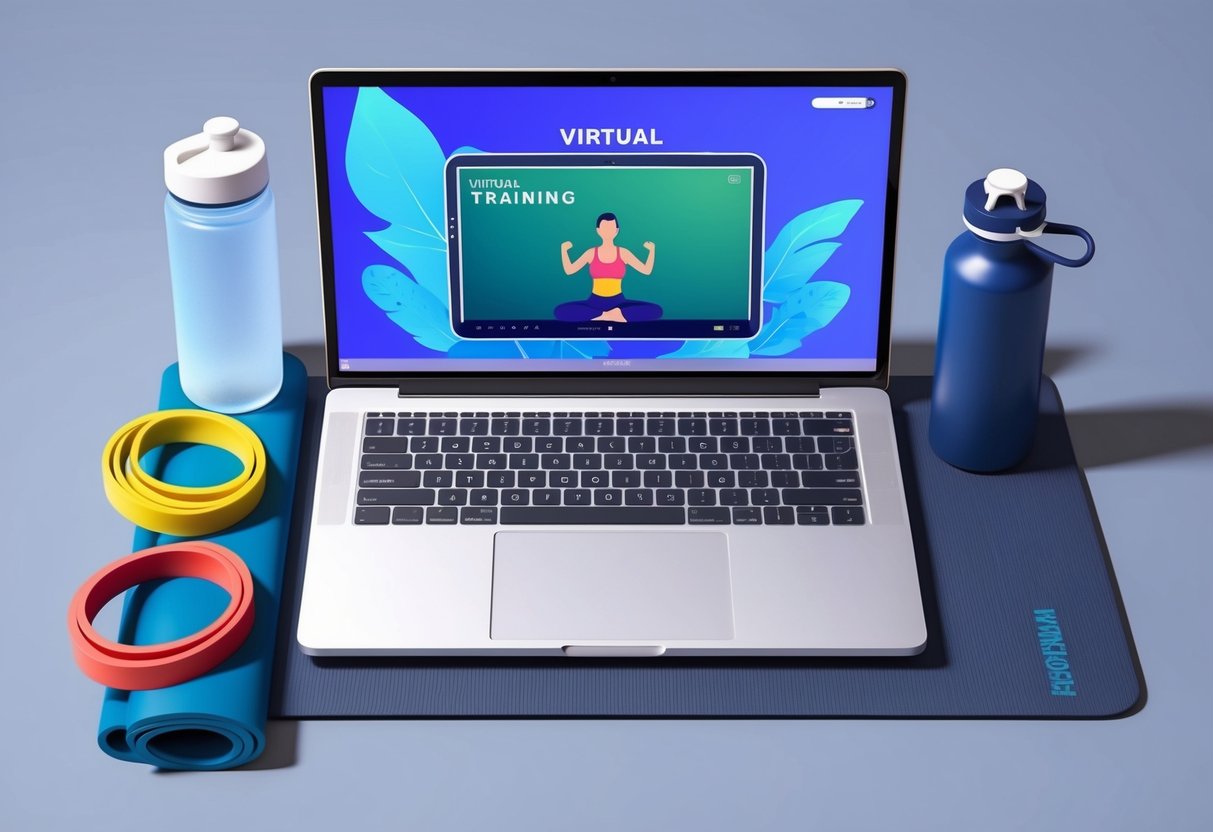 A laptop displaying a virtual training program, surrounded by a set of resistance bands, a yoga mat, and a water bottle