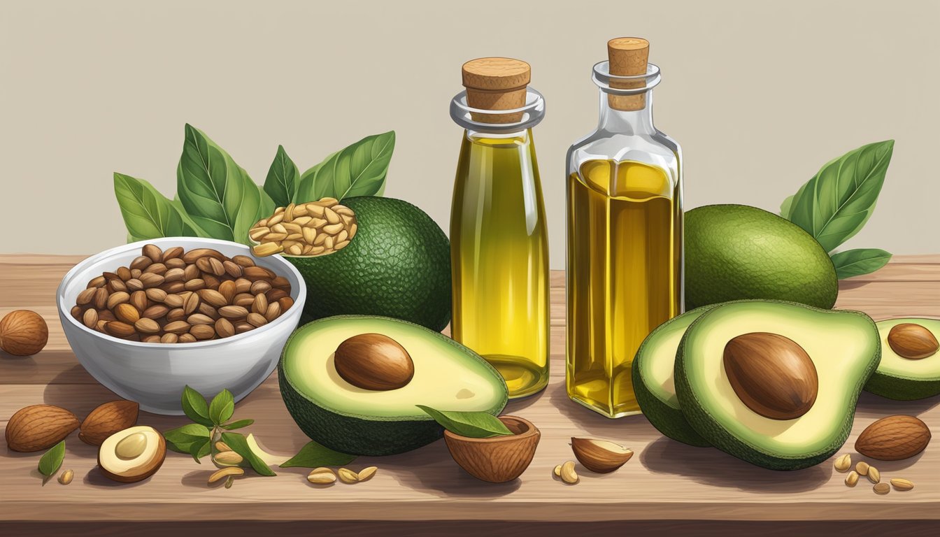 A bottle of Pranarom cold-pressed oils surrounded by various sources of essential fatty acids - such as avocados, nuts, and seeds - on a wooden table