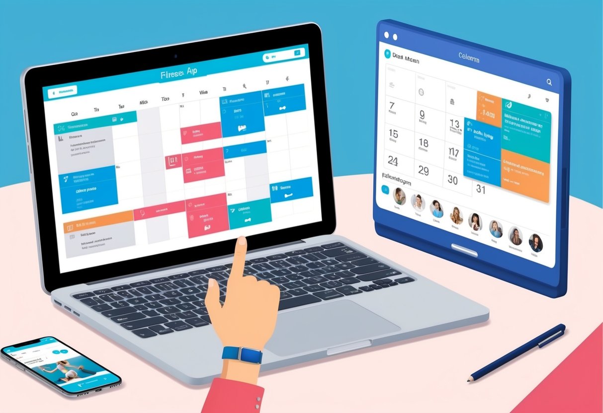 A laptop with a fitness app open, a calendar with scheduled sessions, and a social media platform with client engagement