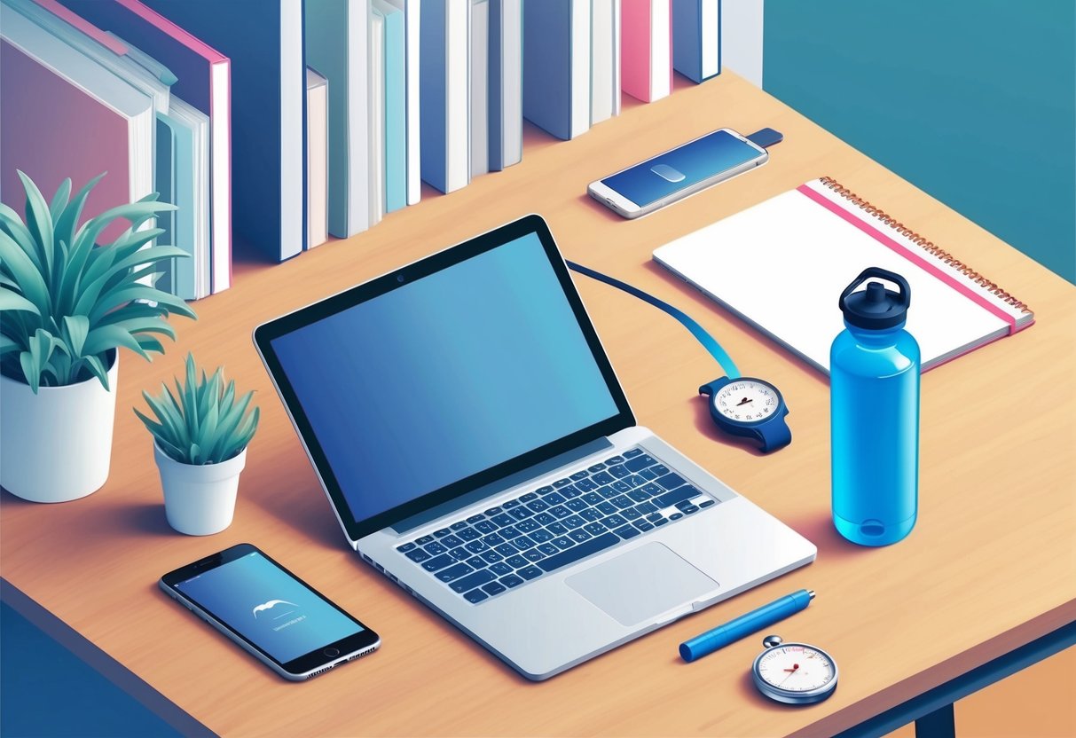 A laptop, smartphone, and fitness tracker on a desk with a stopwatch and water bottle
