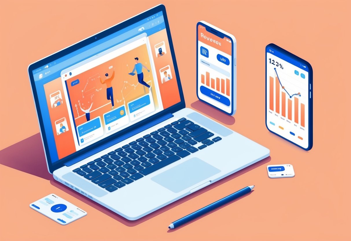 A laptop displaying a fitness app, a smartphone with payment options, and a chart showing revenue growth