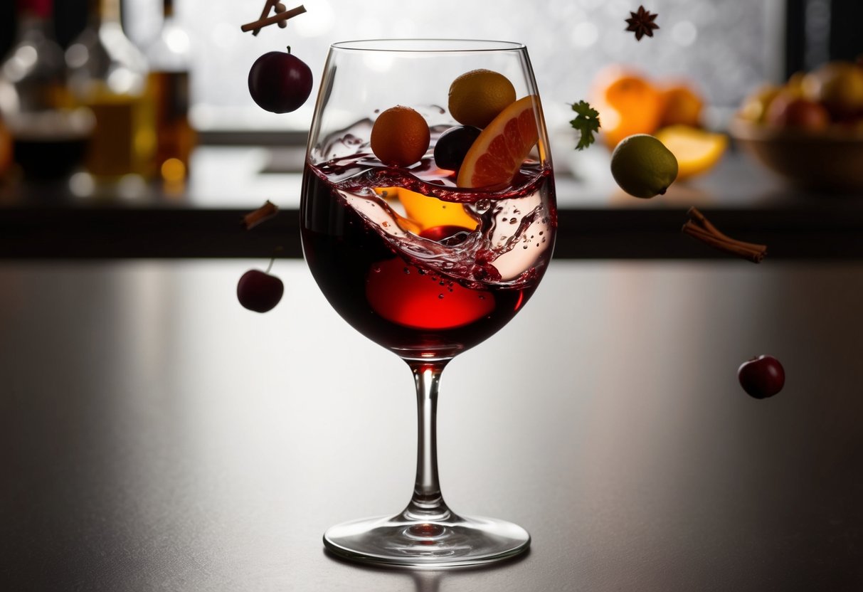 A swirling glass of wine with various fruits and spices floating around it