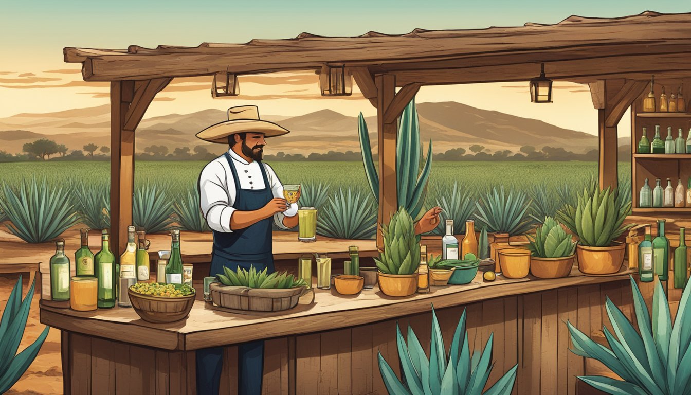 A rustic cantina with agave fields in the background, a bartender expertly crafting tequila-based cocktails, and a chef preparing traditional Mexican dishes infused with tequila