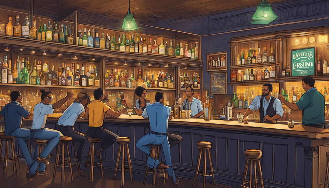 The bustling bar scene in Texas, with bartenders pouring and mixing Cristalino Tequila, while patrons enjoy the trendy and rising spirit