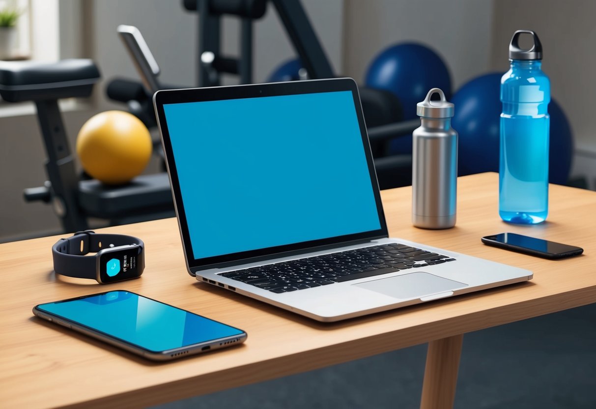 A laptop, smartphone, and fitness tracker on a desk with a water bottle and workout equipment in the background