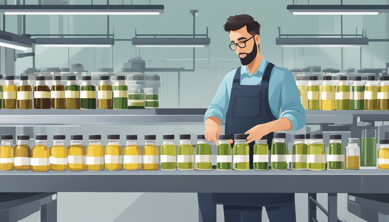 A technician inspecting bottles of Pranarom cold-pressed oils on a conveyor belt in a modern factory