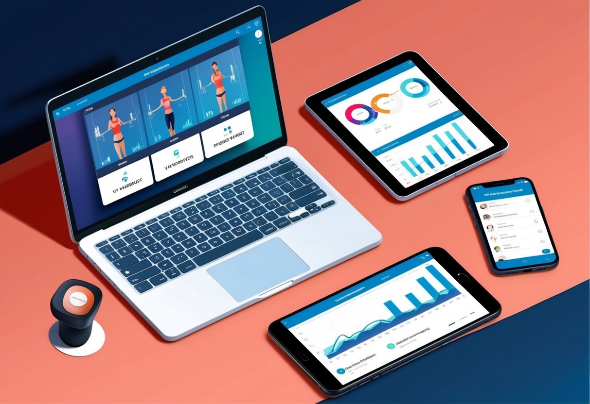 A laptop displaying a virtual workout program, a tablet with client progress charts, and a smartphone with communication app open