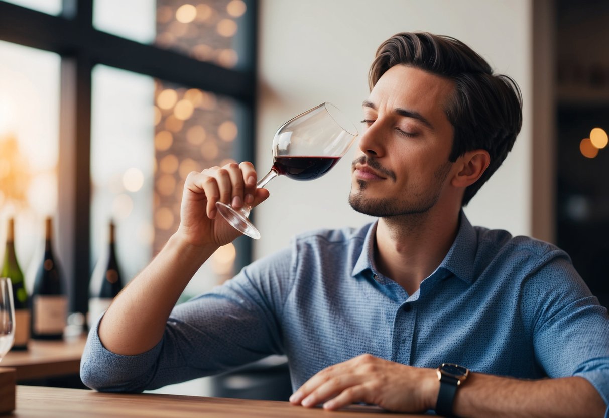 A person swirling a glass of wine, taking a small sip, and then closing their eyes to savor the flavors