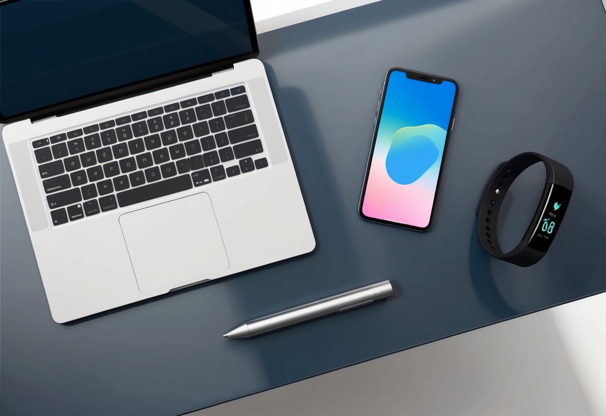 A laptop, smartphone, and fitness tracker laid out on a sleek desk with a modern, minimalist aesthetic