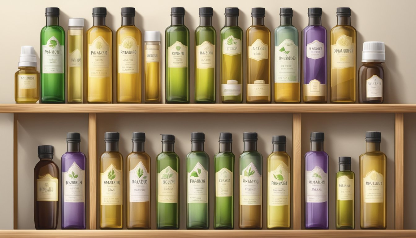 A collection of bottles filled with Pranarom cold-pressed oils, arranged on a wooden shelf with natural light streaming in from a nearby window