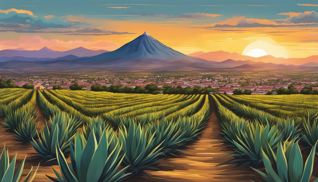 Sunset over rolling agave fields, with a backdrop of the Tequila Volcano and the town of Tequila nestled in the valley