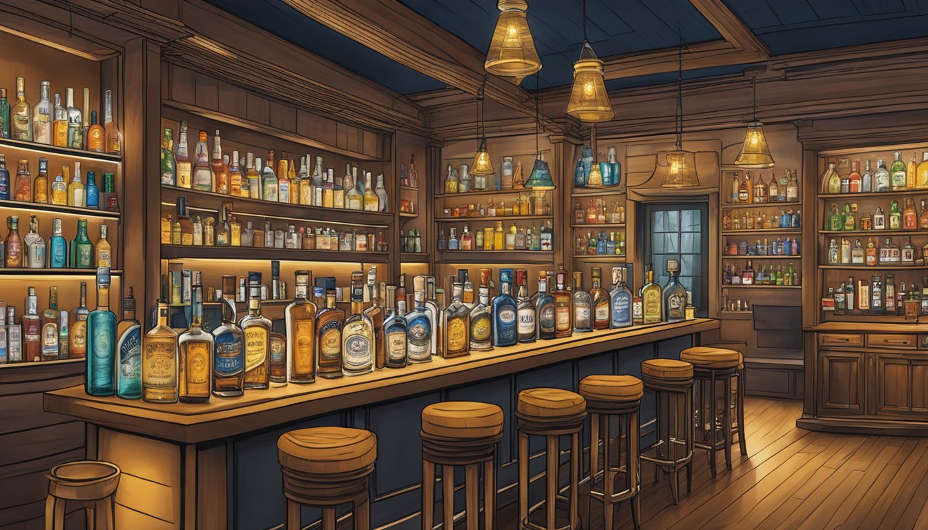 A bustling Texas bar with shelves lined with various bottles of Cristalino tequila, each bearing their distinct and recognizable brand signatures