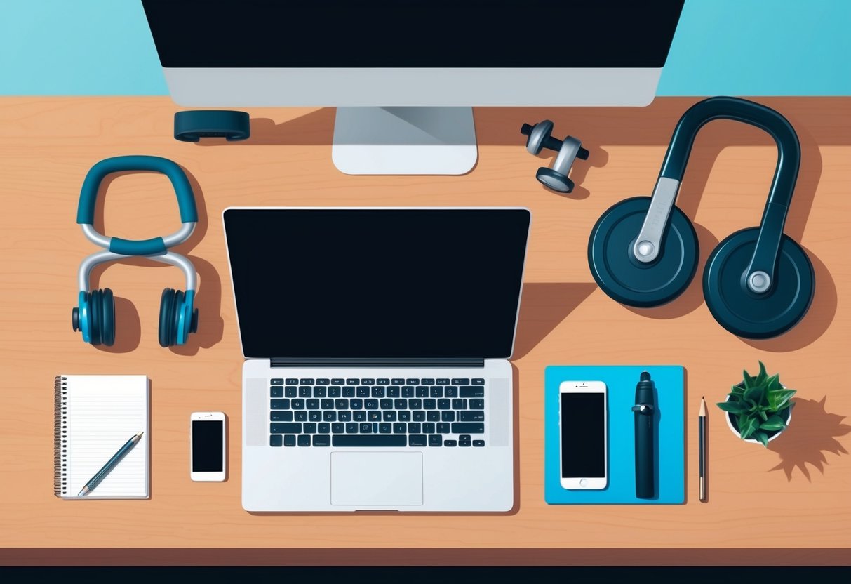 A laptop, smartphone, and fitness equipment arranged on a desk