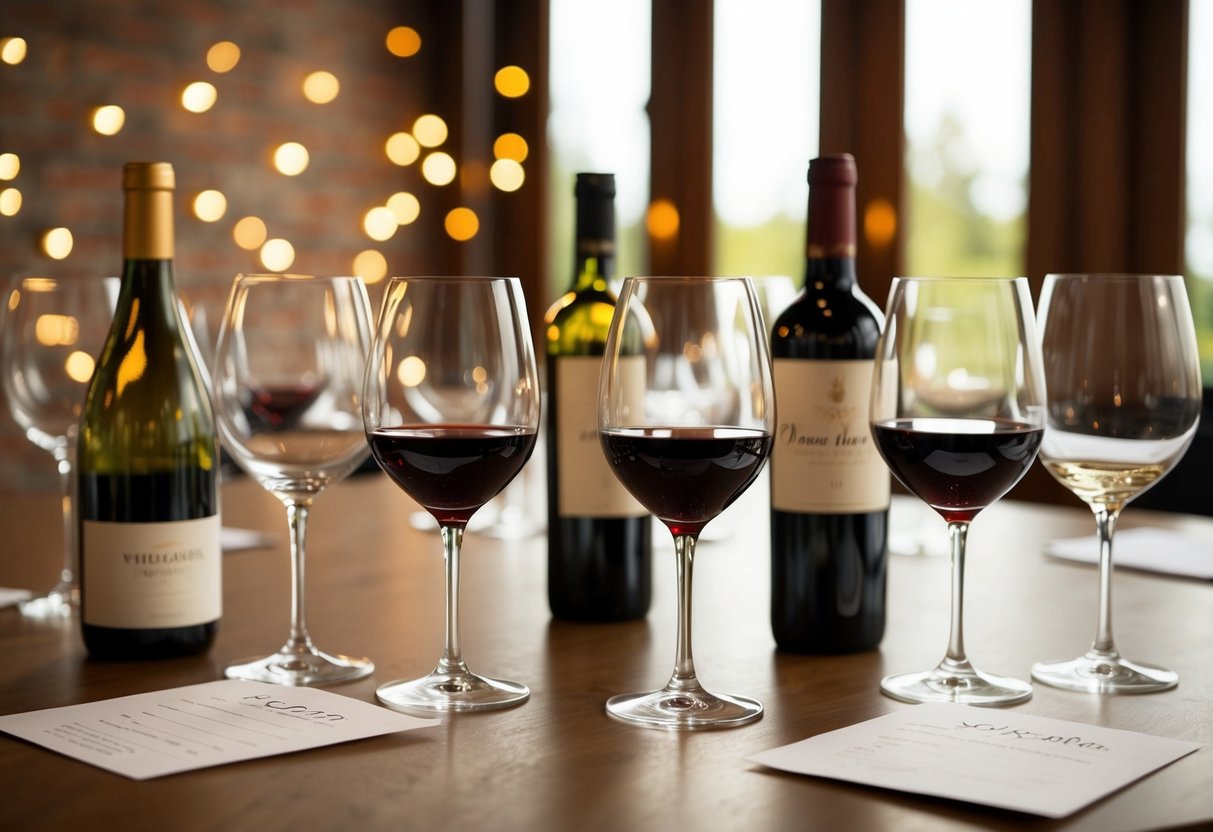 A table set with various wine glasses, bottles, and tasting notes