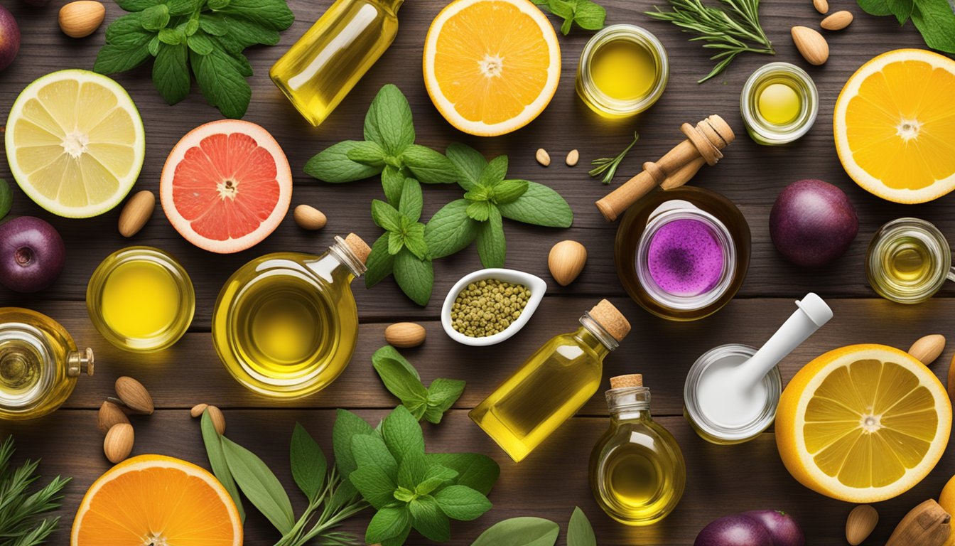 A colorful array of Pranarom cold-pressed oils arranged on a rustic wooden table with fresh herbs and fruits scattered around