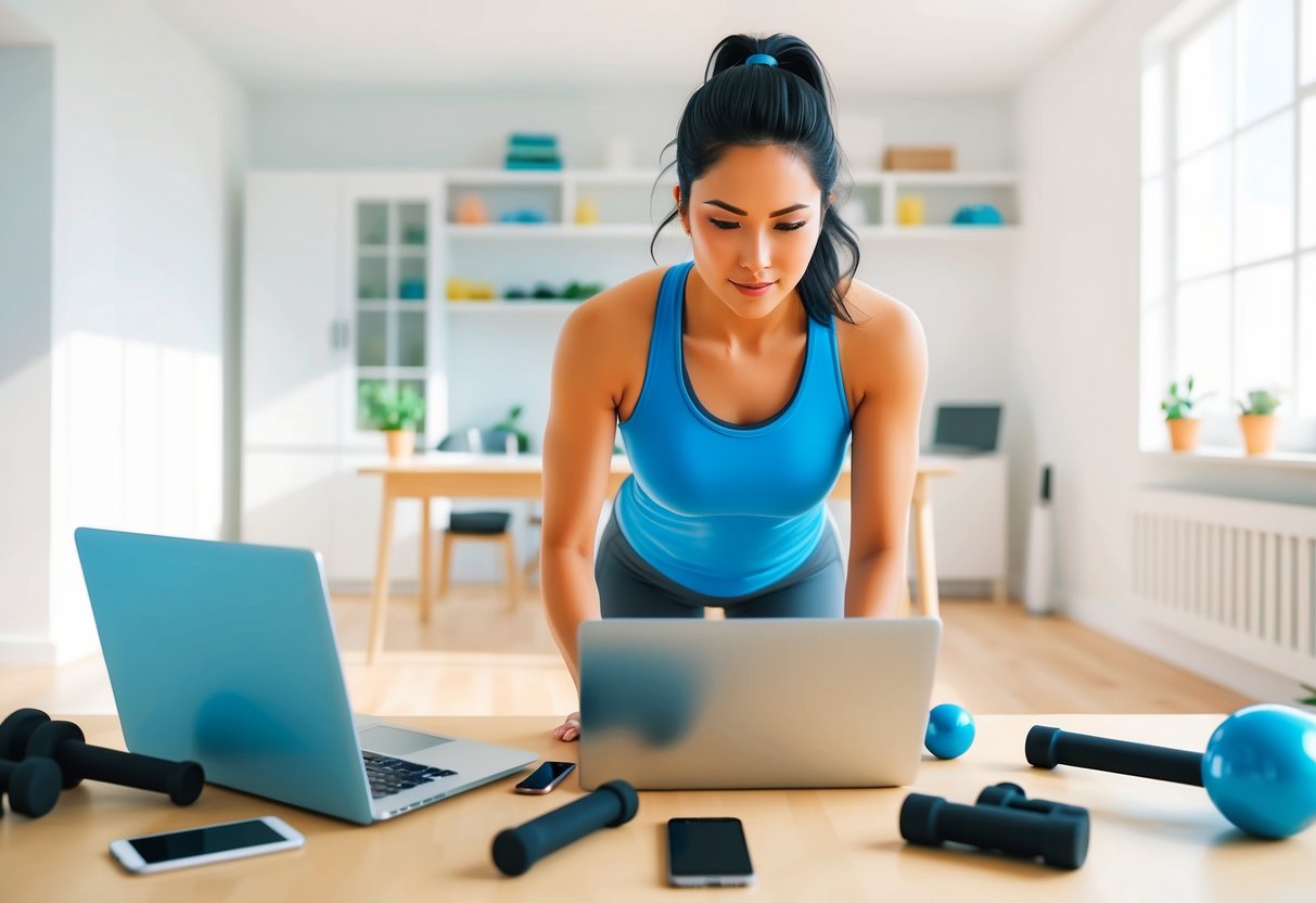 A person working out at home with a laptop, phone, and workout equipment scattered around them. The room is bright and airy, with a sense of focus and determination in the air