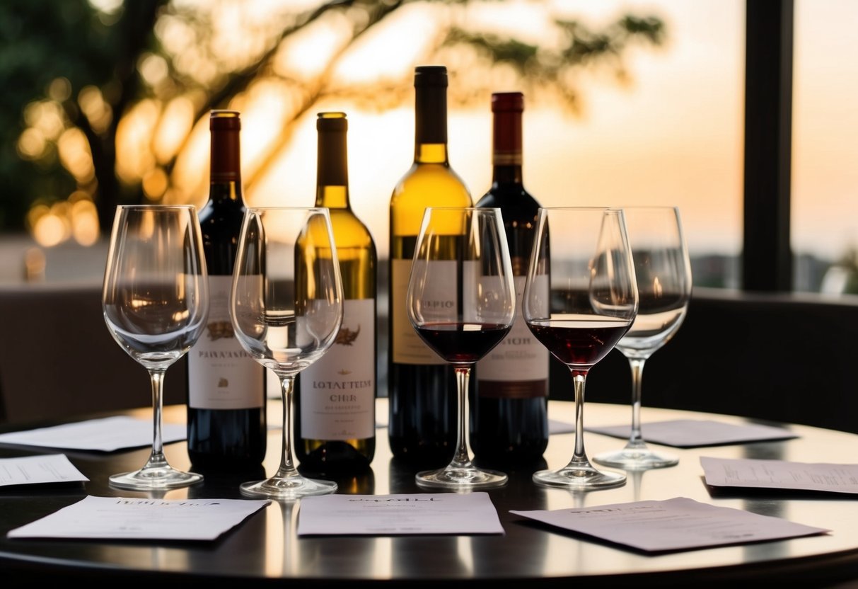 A table set with various wine glasses, bottles, and tasting notes