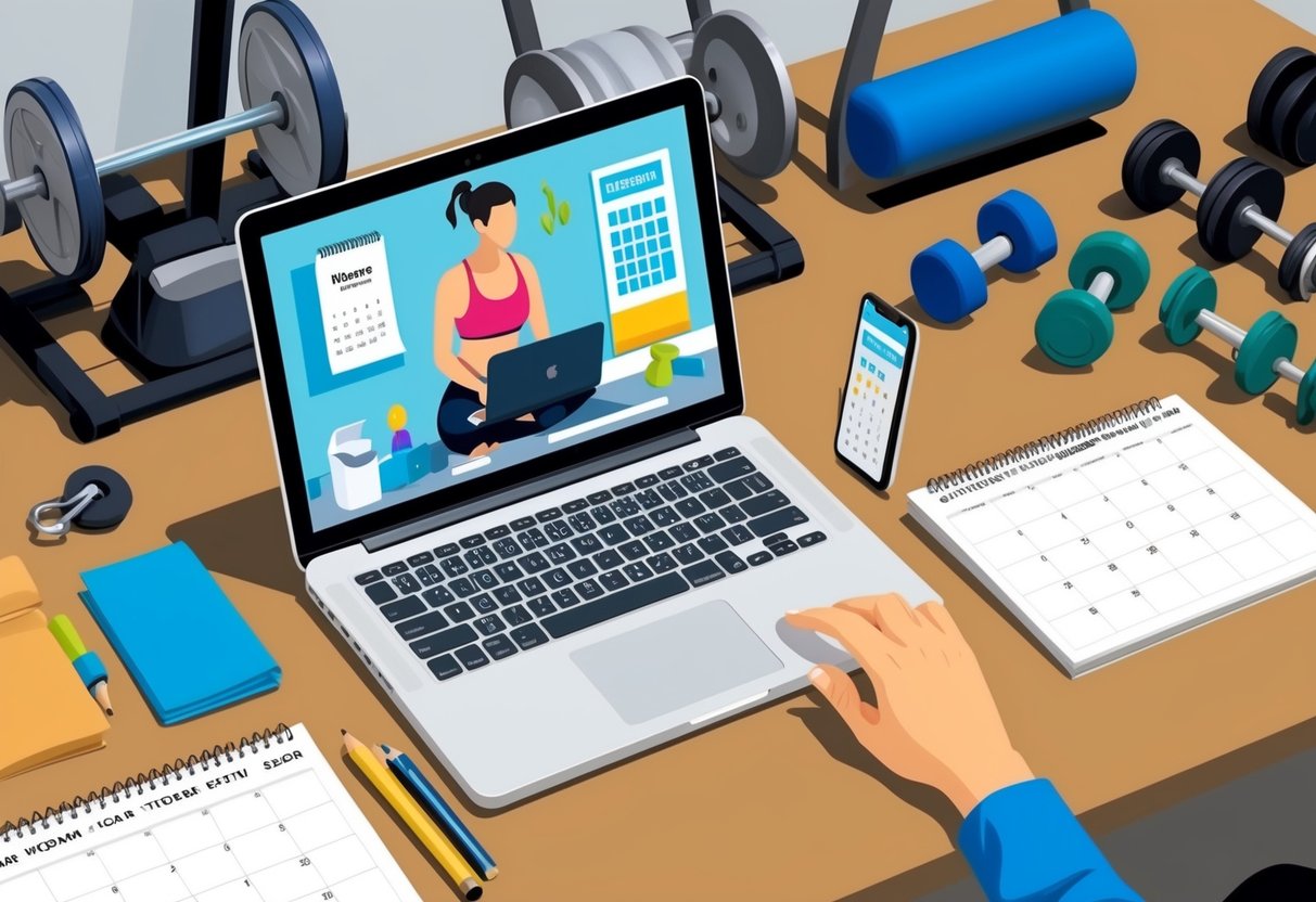 A laptop open on a cluttered desk, surrounded by exercise equipment and a calendar filled with appointments. A person in workout clothes glances at the screen, ready to start an online personal training session