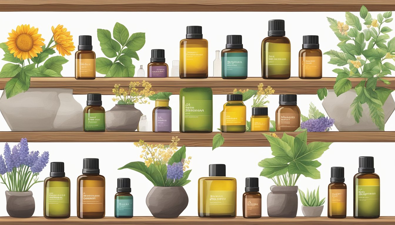 A variety of pranarom cold pressed oils arranged on a wooden shelf with natural elements such as flowers and leaves nearby